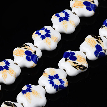 Handmade Porcelain Ceramic Beads Strands, Flower Printed, Flower, Blue, 14x15x6mm, Hole: 1.8mm, about 23pcs/strand, 12.4 inches(31.5cm)