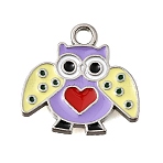 Alloy Enamel Pendants, Platinum, Owl Charms, 17.5x18x1.5mm, Hole: 1.5mm(FIND-E049-08C-P)