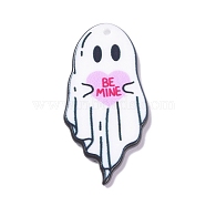 Halloween Printed Acrylic Pendants, Ghost with Heart & Word Be Mine Charm, Pink, 43.5x22x2mm, Hole: 1.8mm(MACR-C016-01A)