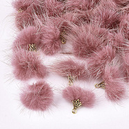 Cheriswelry Faux Mink Fur Tassel Pendant Decorations, with Alloy Findings, Antique Golden, Pale Violet Red, 20~30x28~30mm, Hole: 1.8mm(FIND-CW0001-01)