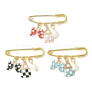 Bowknot & Bag Alloy Enamel Pendant Brooch Pin, Iron Safety Kilt Pin for Sweater Shawl, with Natural Cultured Freshwater Pearl, Mixed Color, 38.5mm, 3 colors, 1pc/color, 3pcs/set(JEWB-BR00111)