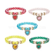 Glass Beaded Stretch Bracelet with Alloy Rhinestone Heart Charm for Women, Mixed Color, Inner Diameter: 2 inch(5cm)(BJEW-JB09142)