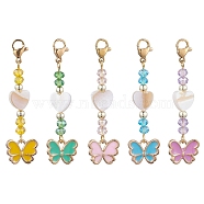 Shell & Glass & Alloy Enamel Pendant Decorations, with 304 Stainless Steel Lobster Claw Clasps, Butterfly, Mixed Color, 50mm, 5pcs/set(HJEW-JM01775-S)