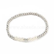 Brass & ABS Plastic Imitation Pearl Round Beaded Stretch Bracelets for Women, Platinum, Inner Diameter: 2-1/8 inch(5.45cm), bead: 4mm & 5mm(BJEW-G704-02P)