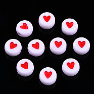 Opaque Acrylic Beads, with Enamel, Flat Round with Heart, Red, 6.5x7x3.5mm, Hole: 1.8mm(X1-MACR-N008-57E)