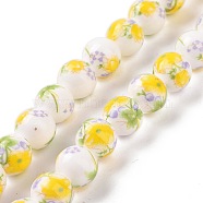 Handmade Printed Porcelain Round Beads Strands, with Flower Pattern, Yellow, 10mm, Hole: 2mm, about 35pcs/strand, 13.5 inch(PORC-L004-10mm-05)