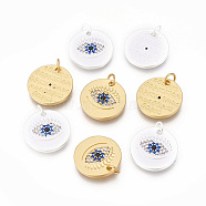 Brass Micro Pave Cubic Zirconia Pendants, Flat Round with Eye, Colorful, Mixed Color, 16.5x1.8mm, Hole: 3~3.5mm(ZIRC-F095-09)