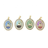 Rack Plating Brass Micro Pave Clear Cubic Zirconia Pendants, with Enamel, Long-Lasting Plated, Lead Free & Cadmium Free, Oval with Castle Charms, Mixed Color, 33x24x3.5mm, Hole: 3x6mm(KK-H474-24B)