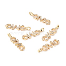 Brass Micro Pave Clear Cubic Zirconia Pendants, Long-Lasting Plated, Lead Free & Cadmium Free & Nickel Free, OMG Word Shape, Real 18K Gold Plated, 29x7.5x2mm, Hole: 2.5x5mm(ZIRC-Z019-32G-NR)