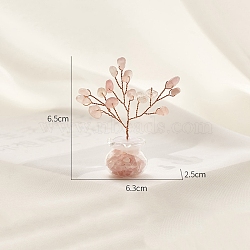 Natural Rose Quartz Chips Tree Decorations, Copper Wire Feng Shui Energy Stone Gift for Home Desktop Decoration, 65x63x25mm(PW-WG14985-01)