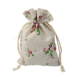 Cotton Cloth Packing Pouches Drawstring Bags, Rectangle, Floral Pattern, 14x10cm(HUDU-PW0001-133B)