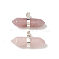 Natural Rose Quartz Double Terminal Pointed Pendants, Faceted Bullet Shaped Charms with Brass Snap on Bails, Rack Plating, Silver, 12.5x32~32.5x9.5mm, Hole: 6x4.5mm(G-NH0001-15P-07)