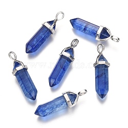 Watermelon Stone Glass Pointed Pendants, with Platinum Tone Random Alloy Pendant Hexagon Bead Cap Bails, Bullet, 36~40x12mm, Hole: 3x4mm, Gemstone: 8mm in diameter(X-G-F295-03L)