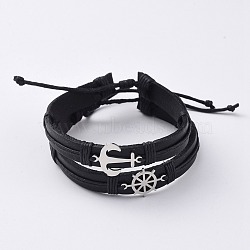 Cowhide Leather Cord Bracelets, Stackable Bracelets, with Waxed Cotton Cord and 201 Stainless Steel Findings, Anchor and Helm, Black, 2-1/8 inch~2-1/4 inch(5.4~5.7cm), 2pcs/set(BJEW-JB04770)