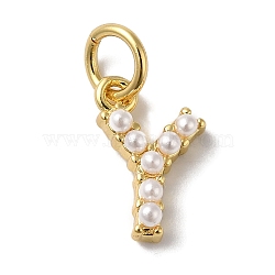 Rack Plating Brass with ABS Plastic Imitation Pearl Charms, Long-Lasting Plated, Lead Free & Cadmium Free, Real 18K Gold Plated, Letter Y, 10.5x7x3mm, Hole: 3mm(KK-B092-30Y-G)