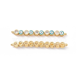 Flat Round with Evil Eye Pattern Brass Micro Pave Clear Cubic Zirconia Enamel Connector Charms, Real 18K Gold Plated, Cadmium Free & Nickel Free & Lead Free, Medium Turquoise, 45.5x4x4mm, Hole: 1.2mm(KK-G435-44G-03)