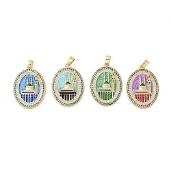 Rack Plating Brass Micro Pave Clear Cubic Zirconia Pendants, with Enamel, Long-Lasting Plated, Lead Free & Cadmium Free, Oval with Castle Charms, Mixed Color, 33x24x3.5mm, Hole: 3x6mm(KK-H474-24B)