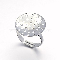 Adjustable Brass Sieve Ring Setting Components, Flat Round Pad Ring Bases, Platinum, 17mm, Tray: 20x0.7mm(KK-L054-06P)
