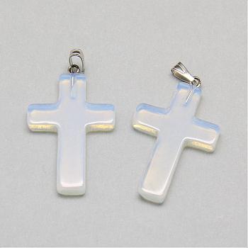 Opalite Pendants, with Iron Findings, Cross, Platinum, 33x20x3~4mm, Hole: 5x2mm