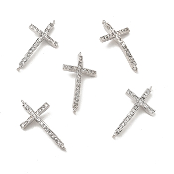 Brass Micro Pave Clear Cubic Zirconia Connector Charms, Religion Cross Links, Platinum, 31x16x3.5mm, Hole: 1.2mm