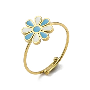 Flower 304 Stainless Steel Enamel Ring, 316 Surgical Stainless Steel Open Cuff Ring for Women, Real 18K Gold Plated, Deep Sky Blue, Adjustable