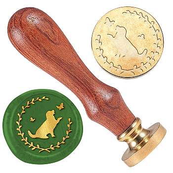 Wax Seal Stamp Set, 1Pc Golden Tone Sealing Wax Stamp Solid Brass Head, with 1Pc Wood Handle, for Envelopes Invitations, Gift Card, Dog, 83x22mm, Stamps: 25x14.5mm
