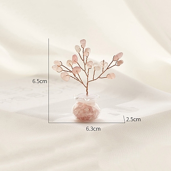 Natural Rose Quartz Chips Tree Decorations, Copper Wire Feng Shui Energy Stone Gift for Home Desktop Decoration, 65x63x25mm
