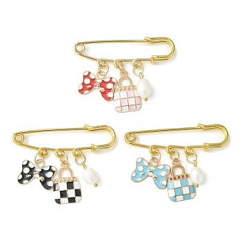 Bowknot & Bag Alloy Enamel Pendant Brooch Pin, Iron Safety Kilt Pin for Sweater Shawl, with Natural Cultured Freshwater Pearl, Mixed Color, 38.5mm, 3 colors, 1pc/color, 3pcs/set