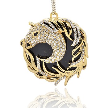 Golden Tone Alloy Resin Pendants, with Rhinestones, Flat Round Necklaces Charms, Black, 52x46x11mm, Hole: 3mm