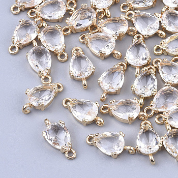 Transparent Glass Links connectors, for Jewelry DIY Craft Making, with Brass Findings, Faceted, Teardrop, Light Gold, Clear, 13x7x3.5mm, Hole: 1.2mm