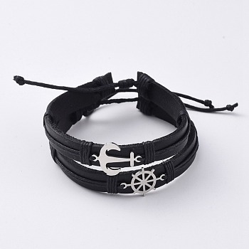 Cowhide Leather Cord Bracelets, Stackable Bracelets, with Waxed Cotton Cord and 201 Stainless Steel Findings, Anchor and Helm, Black, 2-1/8 inch~2-1/4 inch(5.4~5.7cm), 2pcs/set