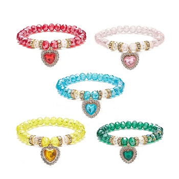 Glass Beaded Stretch Bracelet with Alloy Rhinestone Heart Charm for Women, Mixed Color, Inner Diameter: 2 inch(5cm)