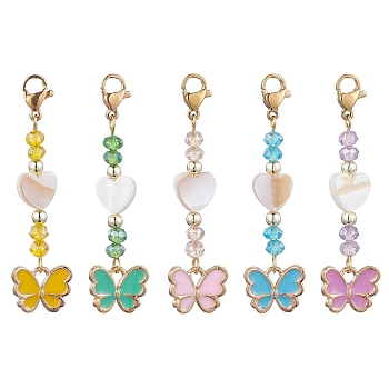 Shell & Glass & Alloy Enamel Pendant Decorations, with 304 Stainless Steel Lobster Claw Clasps, Butterfly, Mixed Color, 50mm, 5pcs/set