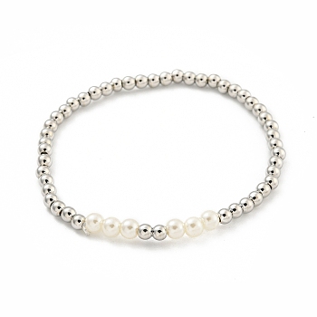 Brass & ABS Plastic Imitation Pearl Round Beaded Stretch Bracelets for Women, Platinum, Inner Diameter: 2-1/8 inch(5.45cm), bead: 4mm & 5mm