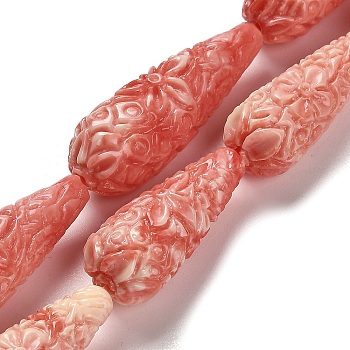 Synthetic Shell Carved Beads Strands, Dyed, Teardrop, Indian Red, 34x11mm, Hole: 1.5mm, about 13pcs/strand, 17.32''(44cm)