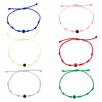 6Pcs 6 Colors Resin Evil Eye Braided Bead Bracelets Set, Waxed Cord Adjustable Bracelets for Women, Mixed Color, Inner Diameter: 1-1/8~3-1/2 inch(2.7~9cm), 1Pc/color