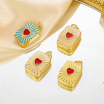 Brass Enamel Locket Pendants, Rectangle with Heart, Real 18K Gold Plated, 23x16x7.5mm, Hole: 4mm, Inner Diameter: 17.5x11.5mm