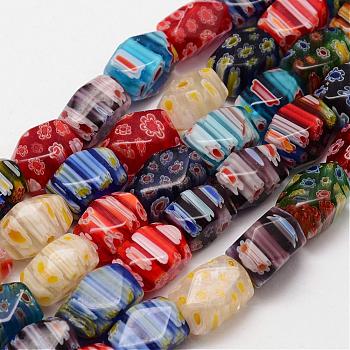 Handmade Millefiori Glass Bead Strands, Faceted, Cuboid, Colorful, 13~14x8~10x8~10mm, Hole: 1mm, about 26~27pcs/strand, 14.8 inch