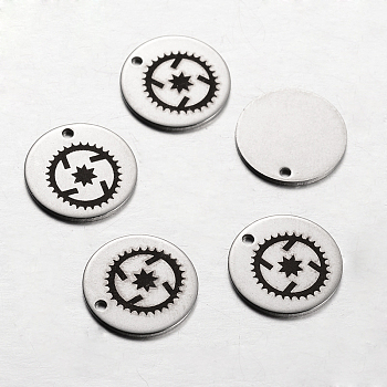 Spray Painted Stainless Steel Steampunk Charms, Flat Round with Gear Pattern, Stainless Steel Color, 14x1mm, Hole: 1mm
