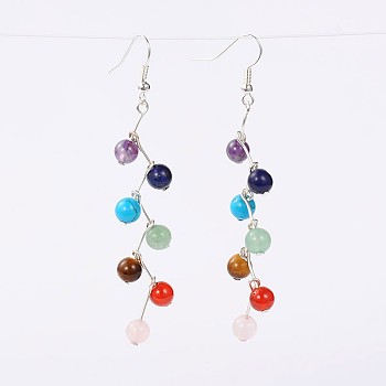 Trendy Gemstone Dangle Earrings, with Brass Earrings Hooks, Silver Color Plated, Mixed Stone, 74mm, Pin: 0.5mm