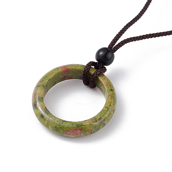 Natural Unakite Ring Pendant Necklace with Nylon Cord for Women, 27.95 inch(71cm)