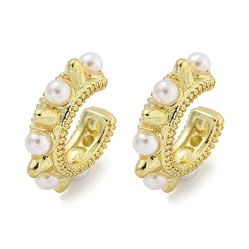 Ring with Rivet Rack Plating Brass Cuff Earrings, Plastic Imitation Pearl Earrings for Women, Cadmium Free & Lead Free, Long-Lasting Plated, Real 18K Gold Plated, 16x4mm