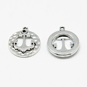Tibetan Style Alloy Pendants, Flat Round with Anchor, Cadmium Free & Nickel Free & Lead Free, Antique Silver, 17x14.5x2.5mm, Hole: 1mm, about 810pcs/1000g