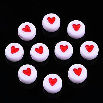 Opaque Acrylic Beads, with Enamel, Flat Round with Heart, Red, 6.5x7x3.5mm, Hole: 1.8mm