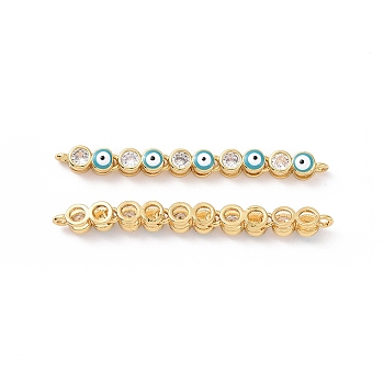 Flat Round with Evil Eye Pattern Brass Micro Pave Clear Cubic Zirconia Enamel Connector Charms, Real 18K Gold Plated, Cadmium Free & Nickel Free & Lead Free, Medium Turquoise, 45.5x4x4mm, Hole: 1.2mm