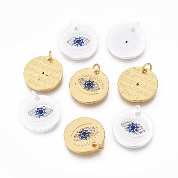 Brass Micro Pave Cubic Zirconia Pendants, Flat Round with Eye, Colorful, Mixed Color, 16.5x1.8mm, Hole: 3~3.5mm