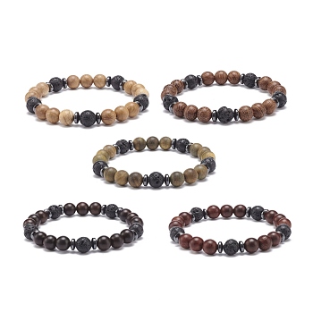 Natural Lava Rock & Wood Beaded Stretch Bracelet, Yoga Jewelry for Women, Mixed Color, Inner Diameter: 2-1/4 inch(5.6cm)