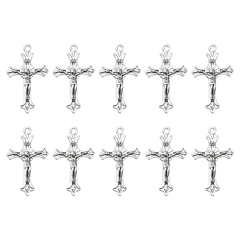 10Pcs Zinc Tibetan Style Alloy Pendants, Crucifix Cross, Religion, Antique Silver, 37x22x2.5mm, Hole: 2mm