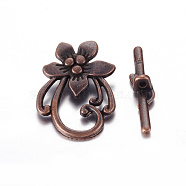 Tibetan Style Alloy Toggle Clasps, Lead Free and Cadmium Free, Red Copper Color, Flower: 20mm wide, 28mm long, Bar: 5mm wide, 30mm long, hole: 2mm(X-RLF0677Y)