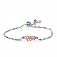 Adjustable 201 Stainless Steel Slider Bracelets, Bolo Bracelets, with Box Chains, Feather, Rainbow Color, 9-7/8 inch(25cm)(STAS-S105-JN659)
